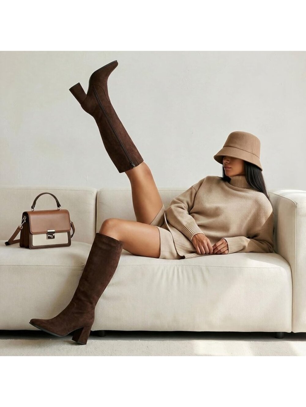 Women's Dark Brown Suede Square Toe Chunky Heel Knee High Tall Gogo Boot Shoes - Picture 2 of 6